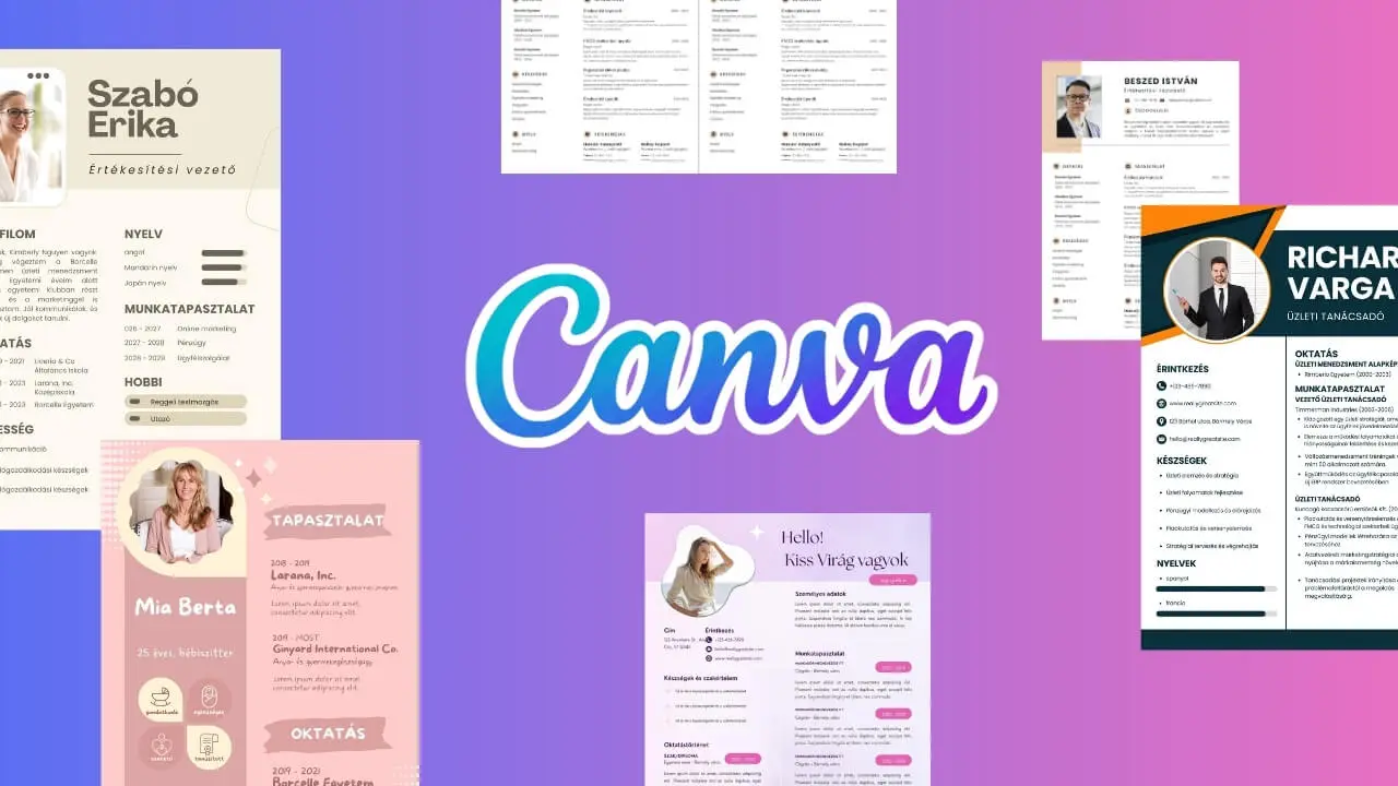 Canva önéletrajz sablon: Hogyan készíts professzionális önéletrajzot online 2026-ban? 1 Canva program márka logója, körülötte Canva Önéletrajz és Canva CV feliratokkal, márka színekben.