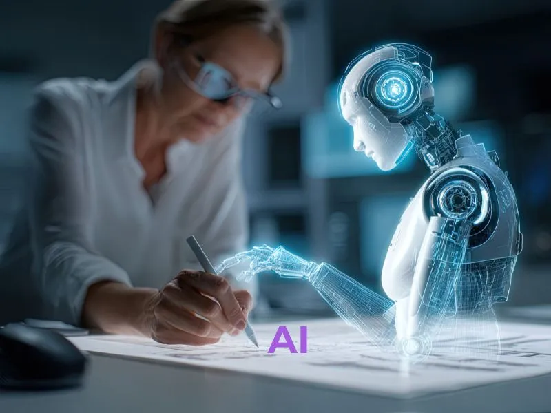 Nő dolgozik digitális felületen egy mesterséges intelligencia asszisztenssel SEO AI amely fényalapú hologramként segíti a tartalomírást – az AI és az ember együttműködését szimbolizálva.