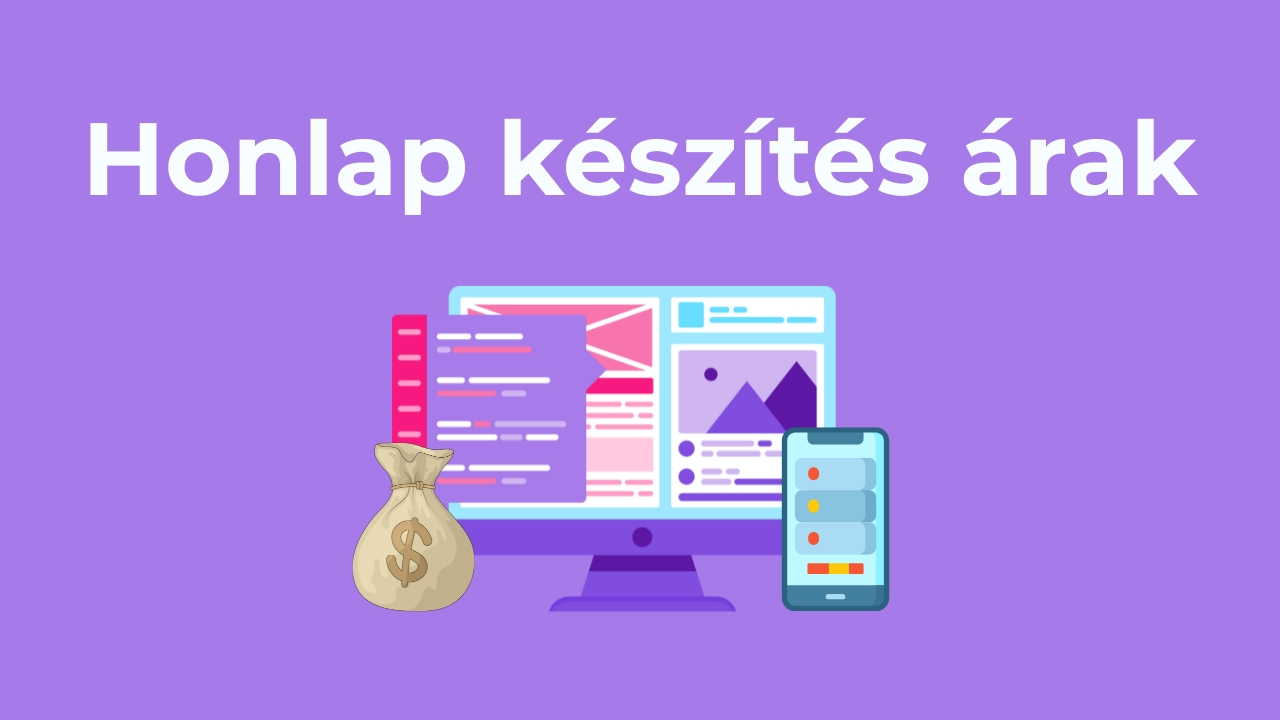 Professzionális honlapkészítés ár  2026-ban: webdesign, reszponzív fejlesztés és a költségeket bemutató pénzes zsák illusztrációja.