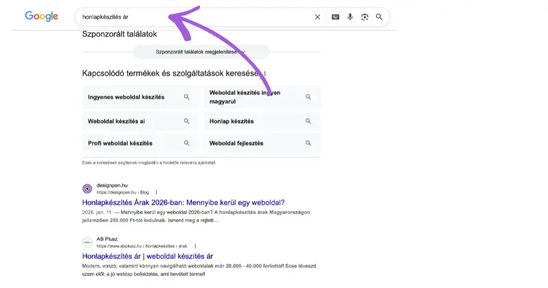 Google találati lista a 'honlapkészítés ár' kifejezésre, amely szemlélteti a piaci árak közötti hatalmas szórást és a hirdetések káoszát.