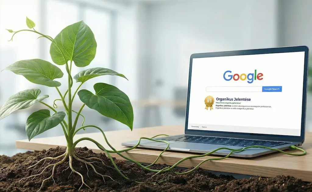Laptop kijelzőjén megjelenő Google kereső és egy #1 helyezés Organikus Jelentése felirattal, mellette egy életerős zöld növény, amely a természetes SEO növekedést szimbolizálja.