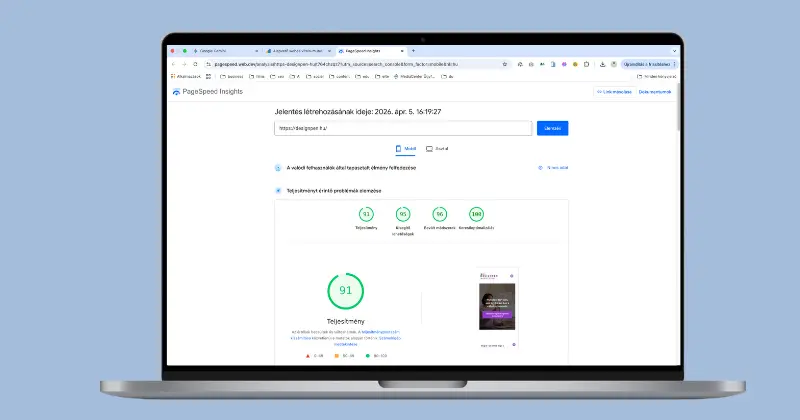 Google PageSpeed Insights 91 pontos mobil teljesítmény mérés eredménye a DesignPen weboldalán