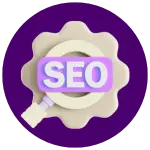 Nagyítóüveg és SEO felirat (SEO ikon) a Google láthatóság és keresőoptimalizálás szimbóluma.