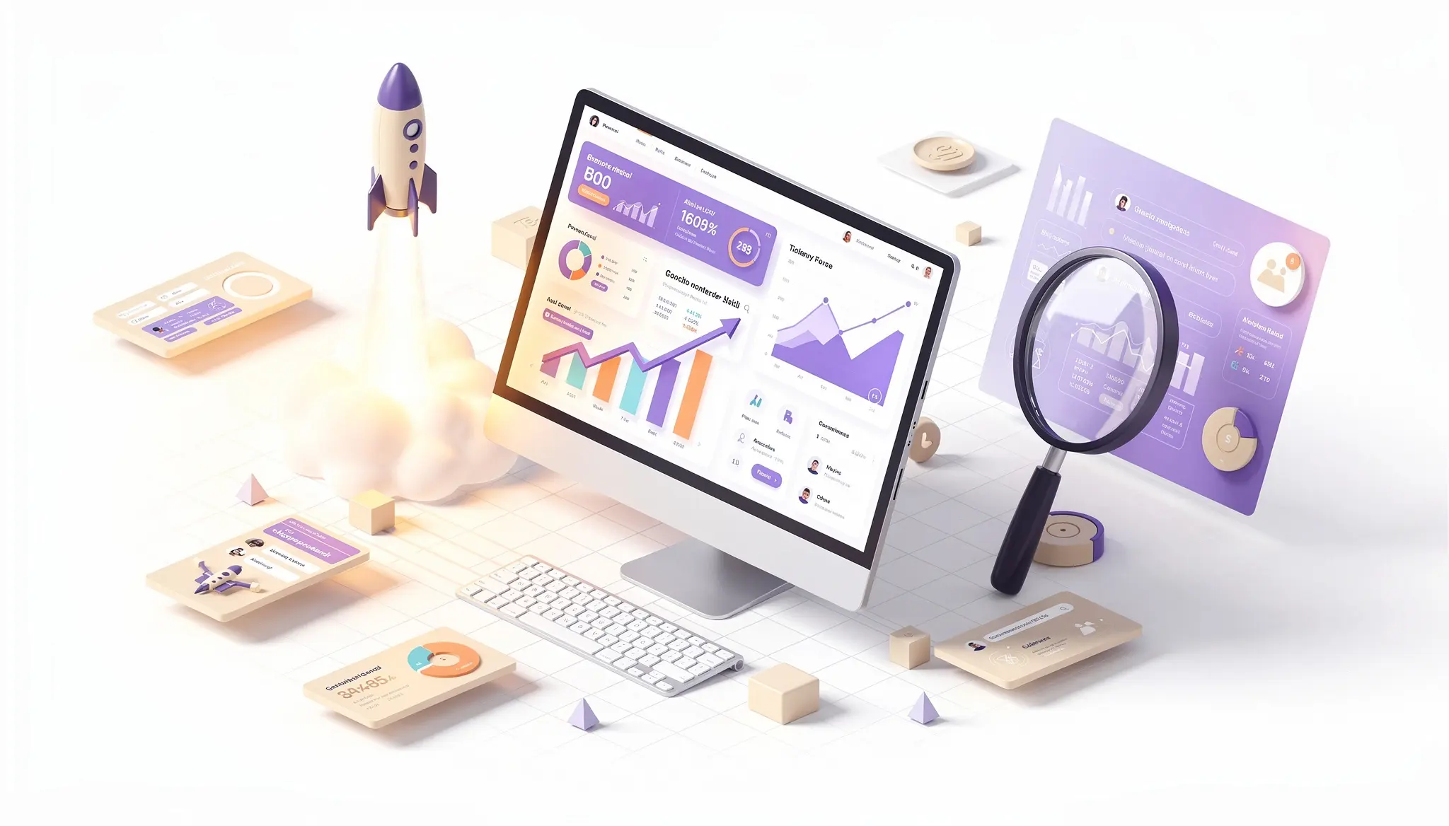SEO tanácsadás és szakértő – SEO elemzés | Designpen 1 SEO tanácsadás és technikai SEO audit stratégia izometrikus 3D illusztrációja.