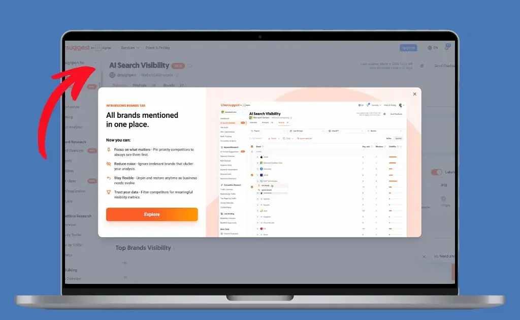 Ubersuggest AI Search Visibility felület: „All brands mentioned in one place” funkció a konkurencia és a piaci rések elemzéséhez.