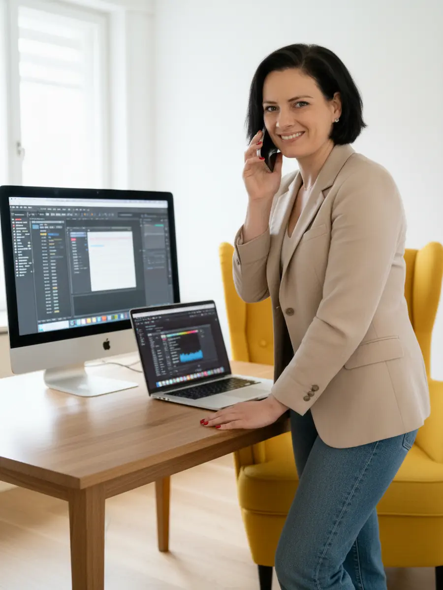 Landing oldal készítés 2026 | Értékesítési oldal tervezés 2 Webdesigner szakember telefonos konzultáció közben, barna zakóban, Apple monitorral és sárga fotellel felszerelt modern irodában.