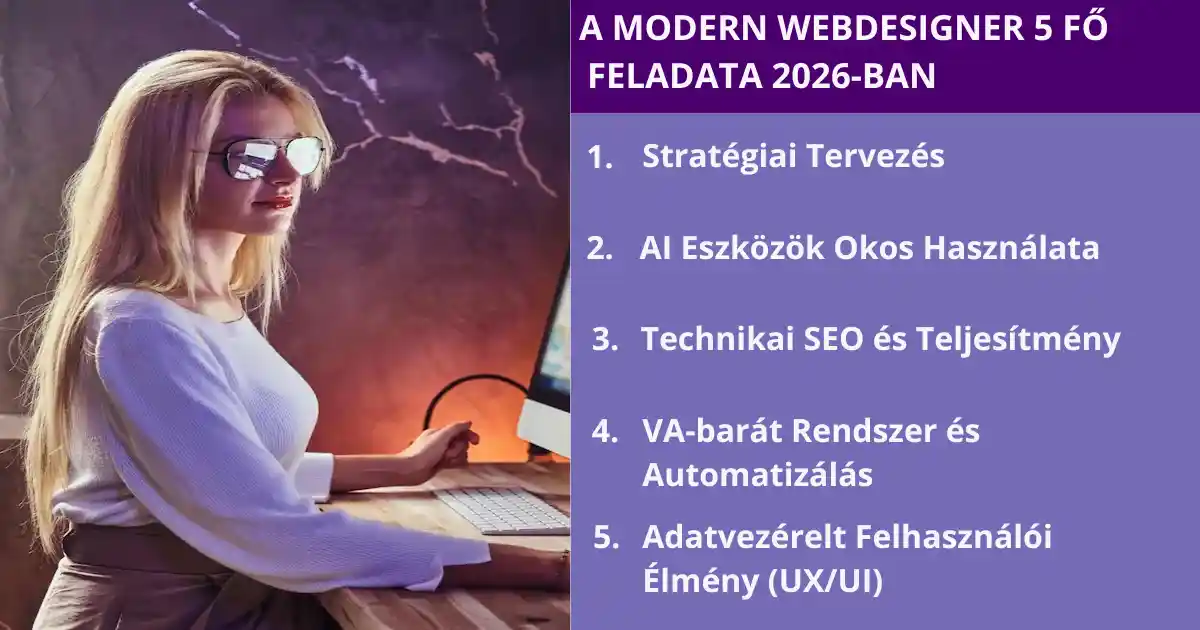 Infografika a modern webdesigner 5 legfontosabb feladatáról 2026-ban: stratégia, AI, SEO, VA-rendszerek és UX design.