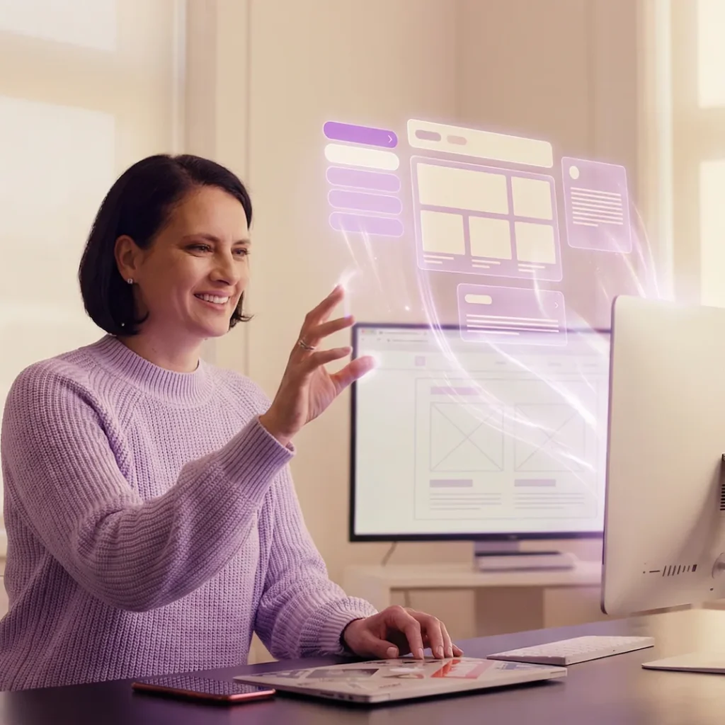 Weboldal tervezés, ami vevőket hoz a vállalkozásodnak 1 Weboldal tervezéssel foglalkozó designer holografikus UI elemekkel dolgozik egy Apple monitor előtt.