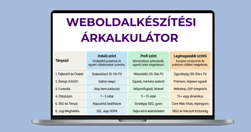 Weboldalkészítési árkalkulátor 2026 táblázat, amely összehasonlítja az induló, profi és prémium szintű honlapkészítés árakat és műszaki tartalmat.