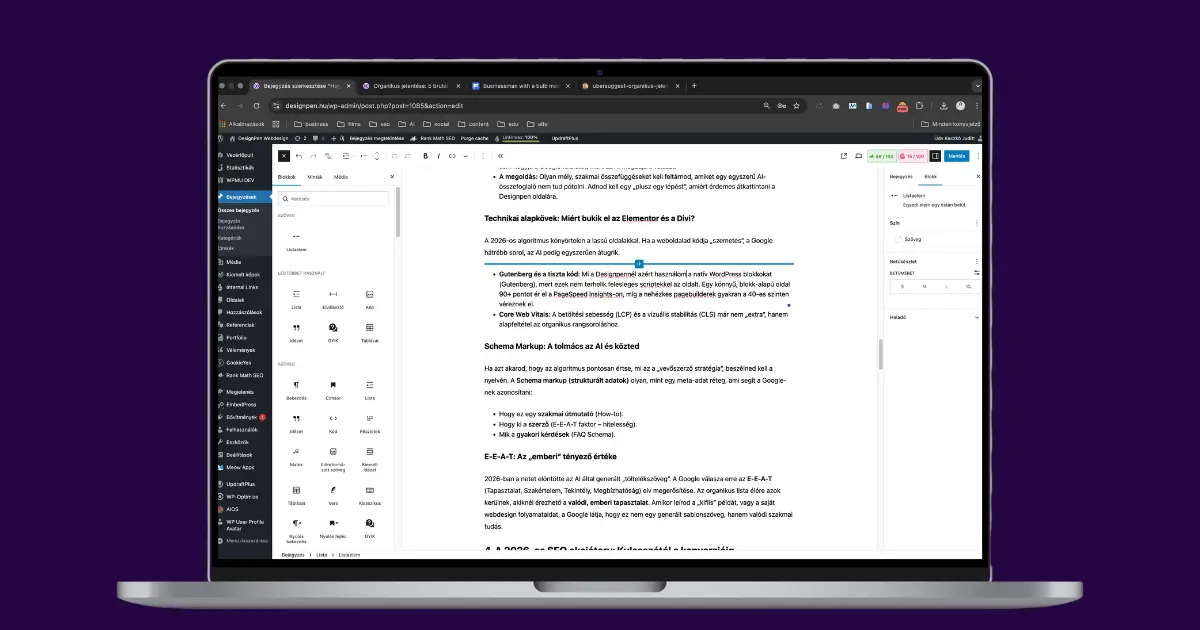 WordPress Gutenberg blokkszerkesztő felület a Designpen weboldalán, ahol a technikai SEO alapköveit és a tiszta kód fontosságát bemutató cikk készül.
